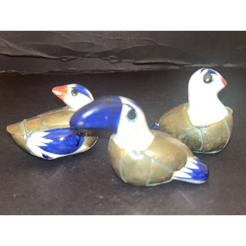 VTG Mexican Tonala Ceramic Pottery & Metal Brass Hand Painted Toucan and Birds 3